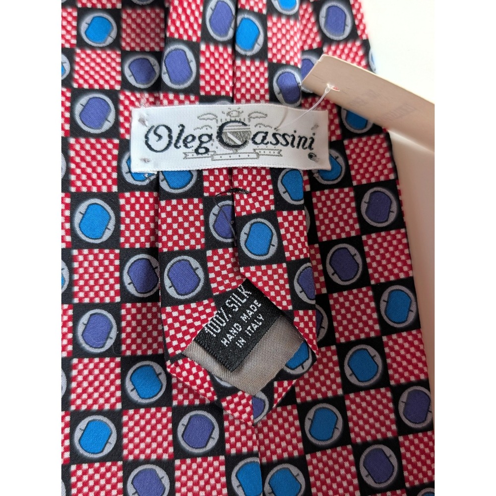 Oleg Cassini Mens Silk Tie Red Blue Geometric Checkered Handmade in Italy 57 x 4 - Picture 5 of 6